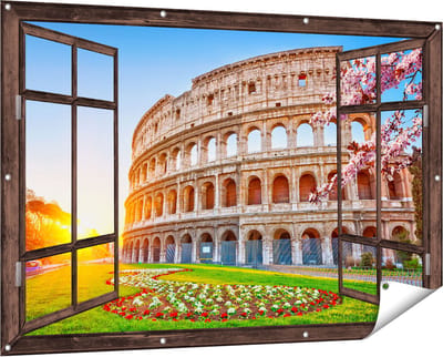 Gards Tuinposter Doorkijk Colosseum bij Zonsopgang in Rome, Italië - 150x100 cm - Tuindoek - Tuindecoratie - Wanddecoratie buiten - Tuinschilderij