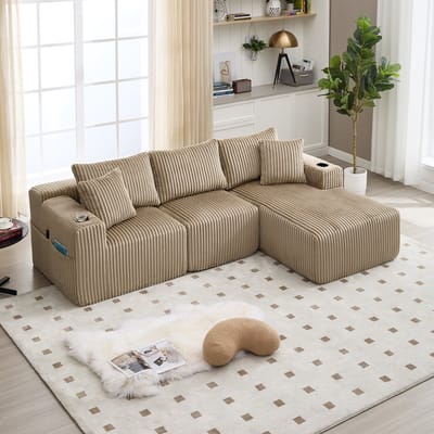 DESMIU Bank Set 257 Cm - Modulaire Hoekbank Met Chaiselongue En 2-Zits, 5 Kussens, Zijvakken En Bekerhouders - Voor Woonkamer - Ribstof Khaki