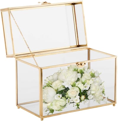 glazen kaartdoos voor bruiloft, groot, goud, rechthoekig geometrisch terrarium, handgemaakt helder glazen display voor huwelijksreceptie, wensput, aandenken en woondecoratie