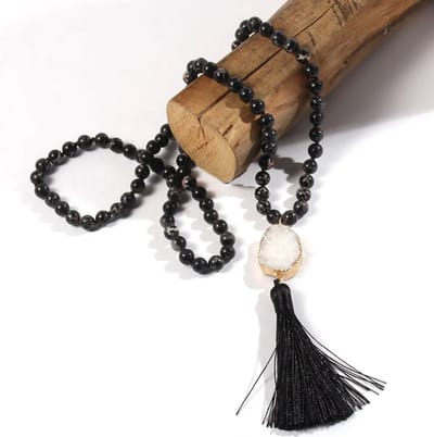 ASTRADAVI Mode Sieraden - Collier - Prachtige natuurstenen ketting met lange kwast - Zwart