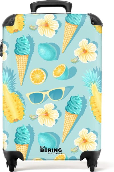 NoBoringSuitcases.com® - Handbagage koffer lichtgewicht - Reiskoffer trolley - Zomers patroon met bloemen en ijshoorntjes - Rolkoffer met wieltjes - Past binnen 55x40x20 en 55x35x25