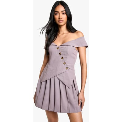 boohoo Dames Pinstripe Bardot Plisse Mini Jurk | Taupe | Maat: 36