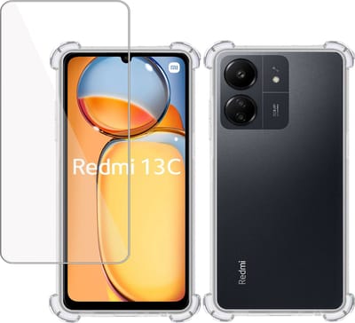 Hoesje + Screenprotector geschikt voor Xiaomi Redmi 13C – Tempered Glass - Extreme Shock Case Transparant
