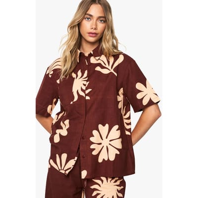 boohoo Dames Shell Print Linnen Resort Shirt | Chocolate | Maat: 6