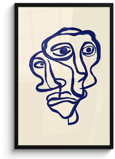 Poster in lijst - Fotolijst 60x90 cm - Posters - Lijntekening - Overlappende gezichten - Donkerblauw - Posterlijst zwart - Decoratie - Wanddecoratie woonkamer - Muurdecoratie slaapkamer