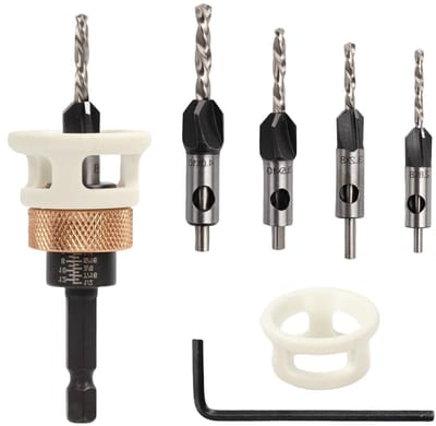 6-delige boor set met verzinkboor, diepte-instelling en verstelbare zinkboor voor hout, HSS-M2, 1/4" hex shank, voorboren en verzinken in één stap, nauwkeurig boren en stevig bevestigen