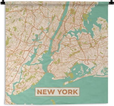 Wandkleed - Wanddoek - New York - Vintage - Stadskaart - Plattegrond - Kaart - 180x180 cm - Wandtapijt