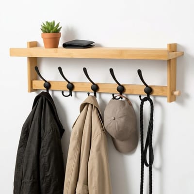 BUDDLEY Wandkapstok met Hoedenplank - Bamboe - Wand kapstok - Met Plank - 5 Haken - Houten Kapstok - Hangend - Hout - Kapstok - Muur - Houten - Met haken - Coat Rack - Wall - Met Haken - Landelijk