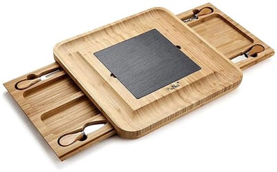 LuxeBass Driedeling Bamboe Borrelplank met Bestek en Keramische Snijplaat | Gourmet Serveerplank Kaasplank met Dienbladen en Messen - LB628