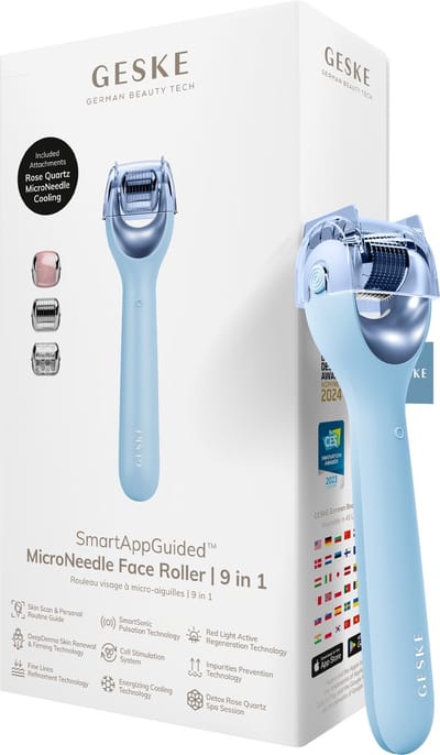 GESKE | SmartAppGuided™ MicroNeedle Face Roller | 9 in 1 | met rozenkwarts | Microneedling | Professioneel Microneedling-apparaat | Naaldroller | Schoonheidsrollergezicht | Micronaaldroller