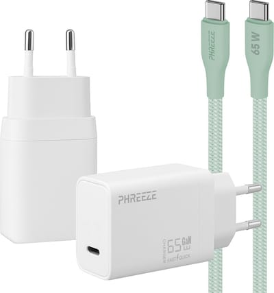 Phreeze usb C oplader 65w met usb C naar usb C kabel groen - Power adapter - PPS fast charger voor telefoon en laptop