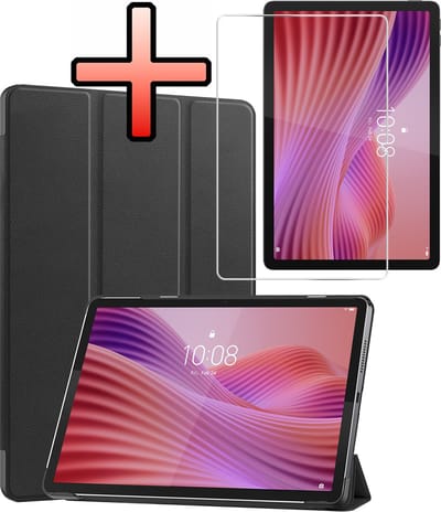 Hoes - Geschikt voor Lenovo Tab 10.1 inch - Met Screenprotector - Trifold Bookcase - Hard Cover - Hardcover Book Case - Tablet Hoesje - Zwart