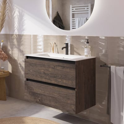 Saqu Gaia badmeubel incl. mat witte keramische wastafel 80x46x61cm kasteel bruin – zwarte greeplijst
