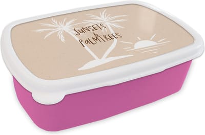 Broodtrommel Roze - Lunchbox - Brooddoos - Spreuken - Quotes - Sunsets & palmtrees - Palmboom - 18x12x6 cm - Kinderen - Meisje