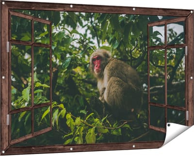 Gards Tuinposter Doorkijk Aap in de Boom tussen de Bladeren - 150x100 cm - Tuindoek - Tuindecoratie - Wanddecoratie buiten - Tuinschilderij