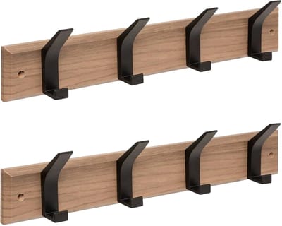 5Five Kapstok - 2x - 4 ophang haken - RVS - bruin/zwart - 45 x 10 cm - wandkapstok - voor hal of badkamer