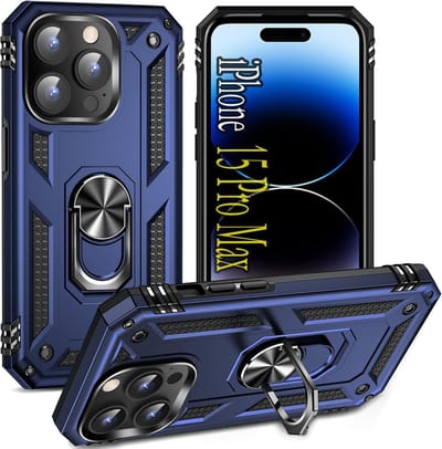 Casemania Hoesje Geschikt voor Apple iPhone 15 Pro Max - Blauw - Anti-Shock Hybrid Armor Back Cover - Hoes met Kickstand Ring