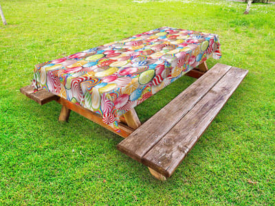 ABAKUHAUS Kleurrijk Buitentafelkleed, Snoepwinkel, Decoratief Wasbaar Picknicktafelkleed, 145x265cm, Meerkleurig