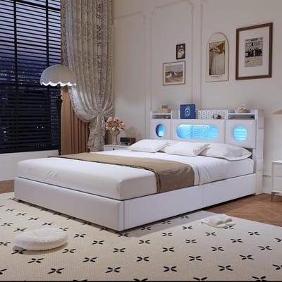 Gestoffeerd Bed - Luxe Bed Tweepersoonsbed - Slaapkamer Inrichten - Geïntegreerde LED-verlichting - 140 x 200 cm - Wit