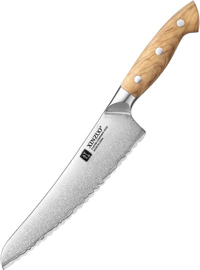 XinZuo X02O Pin Series Diepvriesmes 21 cm – Professioneel Keukenmes – Olijfhouten Handvat – 3-Laags Composietstaal met Stonewash Afwerking