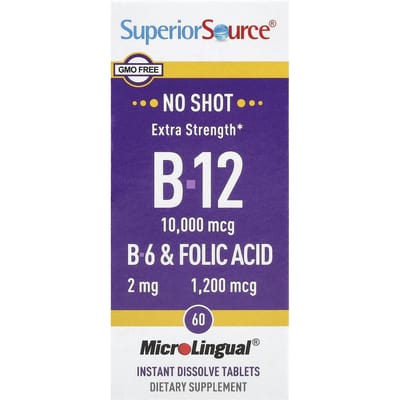 B-12, B-6 en Foliumzuur, Extra Sterkte, Microlingual® Snel Oplossende Tabletten, 60 Tabletten