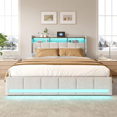 Gestoffeerd Tweepersoonsbed - Opbergbed Lattenbodem - Ruimtebesparend Slapen - Geïntegreerde USB Oplader - 140x200 cm - Beige Linnen