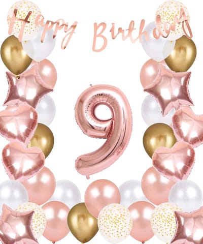 Snoes Ballonnen 9 Jaar Rose Gold White Dots - Compleet Feestpakket met cijfer ballon 9 Jaar - Verjaardag Versiering Slinger Happy Birthday – Folieballon – Latex Ballonnen - Helium Ballonnen - Rose Feestpakket