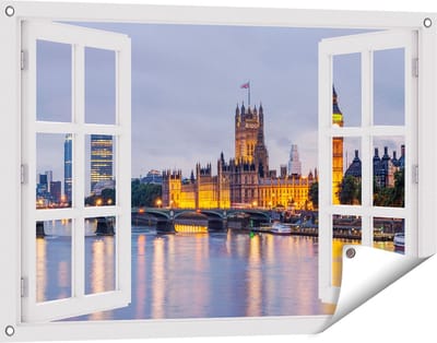 Gards Tuinposter Doorkijk London Big Ben en Westminster Brug - 90x60 cm - Tuindoek - Tuindecoratie - Wanddecoratie buiten - Tuinschilderij