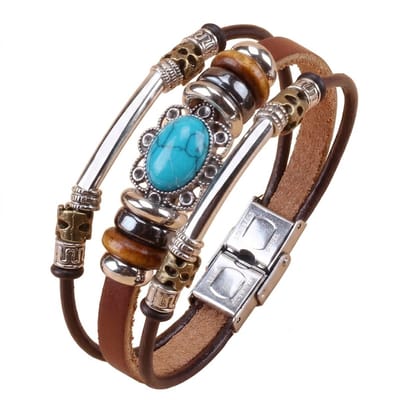 Bruin PU leren armband voor dames en heren – brede armband met kralen en turquoise steen