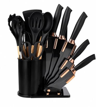 BSS® Messenset met Blok 19-Delig – Keukenmessen Set met Siliconen Keukengerei, Snijplank en Houder – Complete Keukenset