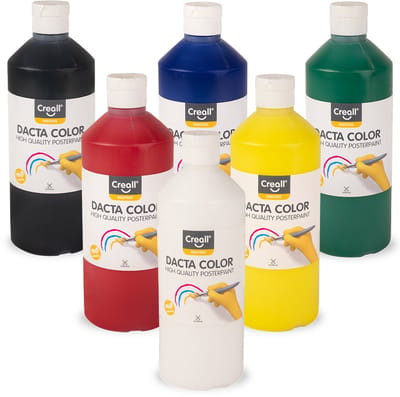 Creall Dactacolor premium kwaliteit Plakkaatverf - set met 6 verschillende kleuren schoolverf - waterbasis - 6x 500ML flessen - Gemaakt in NL - glutenvrij