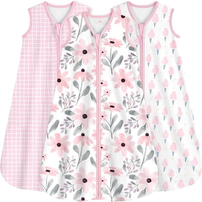 Baby Slaapzak 3-Pack voor 12-18 Maanden - 0.5 TOG 100% Katoen, Draagbare Dekens voor Pasgeborenen en Peuters met Roze Bloemen