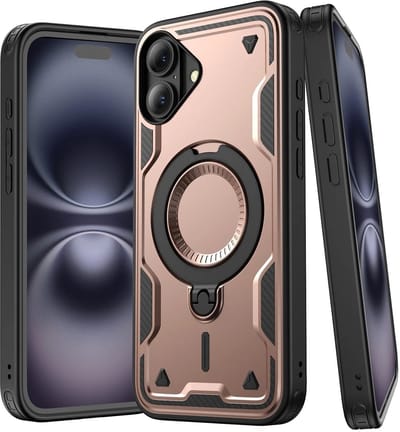 Magsafe Hoesje Geschikt voor iPhone 16 Plus Hoesje Rose Goud - Armor Hoesje met Met Draaibare Ring Houder