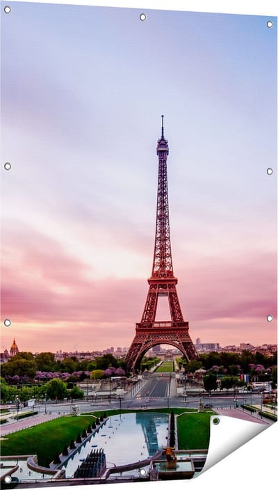 Gards Tuinposter Eiffeltoren in Parijs met Kleurrijke Hemel - 80x120 cm - Tuindoek - Tuindecoratie - Wanddecoratie buiten - Tuinschilderij