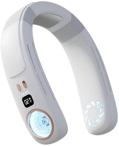 Ventilator voor in de nek met koelfunctie, blaast koele lucht van 11 tot 16 graden Celsius, verborgen ventilatorbladen, LED-display, 3 windsnelheden, Type-C-interface, wit.