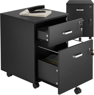 tectake® Ladeblok - Ladenkastje - Met 2 afsluitbare lades, vergrendelbare wielen - Rolkast - Organizer - Perfect voor een georganiseerde werkplek - Kantoor, studeerkamer , thuiswerkplek - Zwart