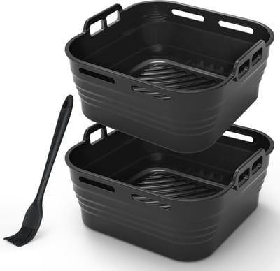 Famanu – Air Fryer Silicone Pot met Olieborstel - 2 Stuks Airfryer Pan Liners Herbruikbare Heteluchtfriteuse Mand Vierkante Tray Rack Accessoires Basket Liner voor Air Fryers - Magnetron - Oven (Zwart)