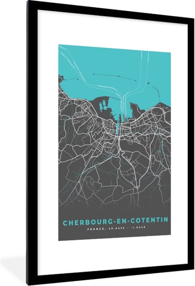Fotolijst incl. Poster - Plattegrond - Kaart - Cherbourg-en-Cotentin - Stadskaart - Frankrijk - 80x120 cm - Posterlijst