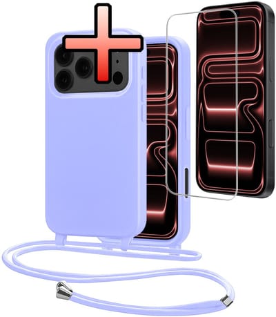 Hoes Geschikt voor iPhone 17 Pro Met Telefoonkoord Met Screenprotector - Siliconen Hoesje Backcover Met Ketting - Lila
