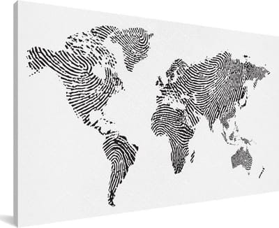 Grote wanddecoratie - Wereldkaart vingerafdruk zwart wit canvas - 200x100 cm - XXL decoratie