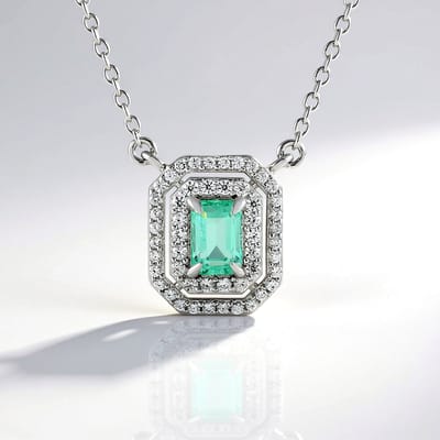 Cavill - Elegante Halsketting 925 Sterling Zilver Geplatineerd - Paraiba Smaragd 0,558 ct met Zirkonia 1,013 ct - Achthoekig