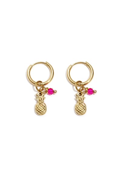 Oorbellen Ananas - Trending - RVS - Goud - Fuschia