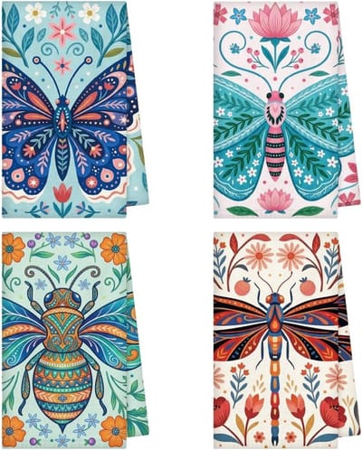 4 Stijlen Insecten Keukenhanddoeken, 45 x 66 cm Microfiber, Decoratieve en Absorberende Theedoeken voor Keuken, Badkamer en Feestjes