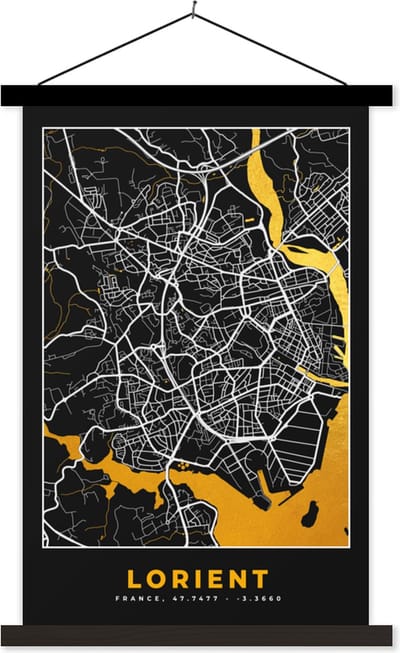 Posterhanger incl. Poster 40x60 cm - Schoolplaat - Kaart – Stadskaart – Lorient - Frankrijk – Plattegrond - Textielposter - Zwarte latten - Stadskaart