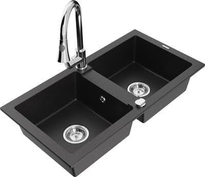 Mexen Mario granieten gootsteen met 2 kamers en keukenmengkraan Elia, zwart/zilver metallic - 6504-73-670101-00