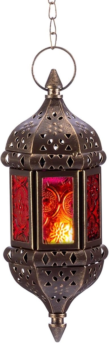 Lzwintrading - Marokkaanse Kaars Lantaarn voor Buiten Binnen - Windlicht - Opknoping Theelicht Kandelaars Metalen & Glas - Ramadan Lamp Decoratieve Lantaarns Kaarsen - Voor Woonkamer Balkon Patio Halloween Kerstversiering - Tuinverlichting - 1 Stuk