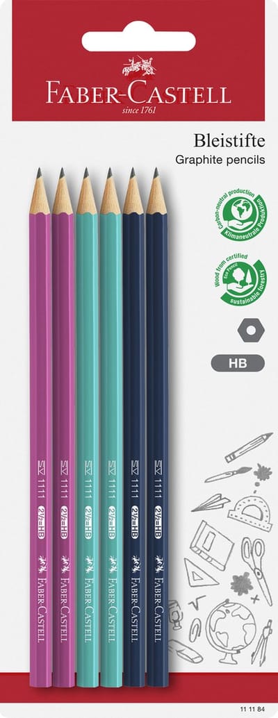 Faber-Castell grafietpotloden 1111 - HB - 6 stuks op blister - assorti kleuren - FC-111184
