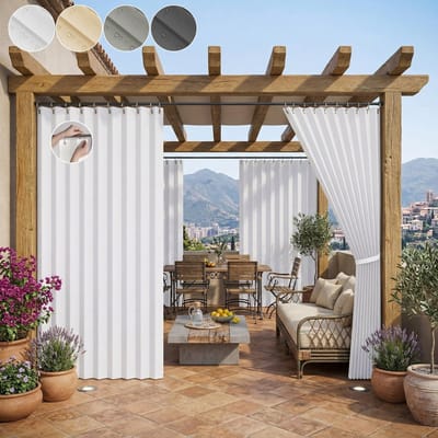 Qelus Anti-Haak Buitengordijn Waterdicht - Krasbestendig Outdoor Gordijn met Permanente Plooi 140x200 cm - Slijtvast Verduisterend Terrasgordijn voor Tuin & Balkon - Wit - 1 paneel