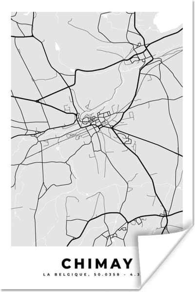 Poster Zwart Wit – België – Plattegrond – Stadskaart – Kaart – Chimay - 120x180 cm XXL