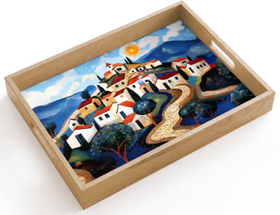 Dienblad hout 40x30 cm - Schootdienblad - Dorp - Heuvelachtig - Zon - Mozaïek - Borrelplank rechthoek - Plateau dienbladen